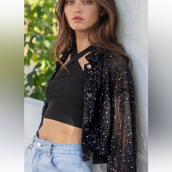 Oversized Button Down Black with Silver Sequins Cropped Blouse - Picture 2 of 9